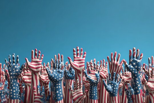 A crowd of hands raised each patterned with the american flag design