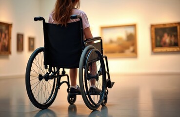 Young girl with red hair sits in a wheelchair at an art exhibition. She observes paintings displayed on white walls in a well lit museum hall. Art and culture accessible for everyone.