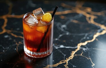 Dark and stormy cocktail with ice cubes and lime slice in tall glass. Dark rum and ginger beer drink on black marble surface. Refreshing boozy beverage for party.