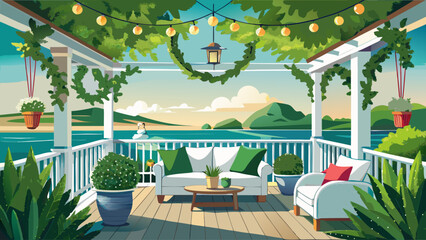 Fototapeta premium Stylish Cape Cod-inspired veranda with soft string lights, green wreaths, and white furniture overlooking the coast. A sophisticated winter holiday exterior radiating calm, warmth, and seaside charm