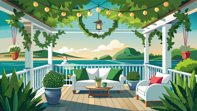 Stylish Cape Cod-inspired veranda with soft string lights, green wreaths, and white furniture overlooking the coast. A sophisticated winter holiday exterior radiating calm, warmth, and seaside charm