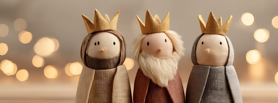 Three wooden figures with golden crowns stand against a blurred bokeh background