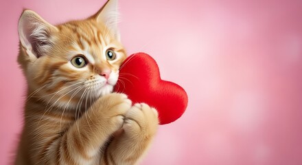 Adorable ginger kitten holding a red heart with a soft pink background
