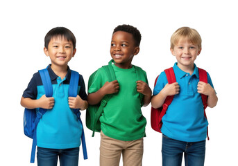 Three smiling young boys wearing colorful backpacks ready for school isolated on transparent background