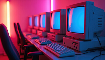 Row of old computers on desk, retro monitors glow with blue screens. Neon pink and blue lights create a nostalgic mood. Vintage tech equipment fills the room, a blast from the past.