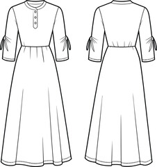 Women long dress flat fashion vector, half sleeve dress CAD drawing with tie detail, button front elegant outfit template
