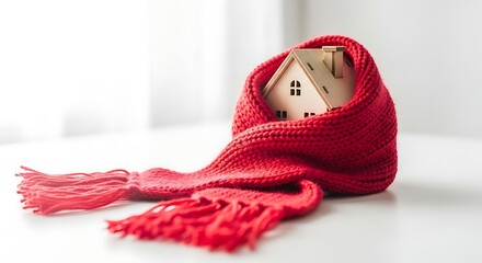 Cozy wooden house wrapped in a warm red knitted scarf for winter protection