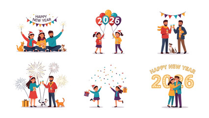 Happy New Year 2026 Celebration Collection: Diverse scenes capturing the essence of New Year's joy and togetherness, featuring families, children, and fireworks. Decorations, balloons.