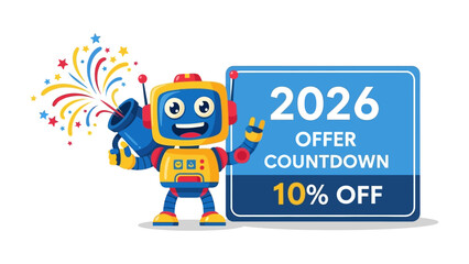 Robotic Offer: A cheerful robot enthusiastically presents an eye-catching offer. Its colorful design and welcoming demeanor create a sense of excitement and highlight the promotional message.