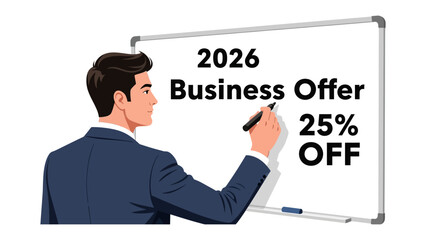 Naklejka premium Business Offer: A business person, writing a promotional offer on a whiteboard with an eye-catching percentage discount to showcase the deal