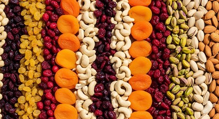 Colorful rows of dried fruits and nuts displayed in a vibrant market stall for sale