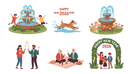 New Year's Celebration: Joyful depictions capture the spirit of the New Year, featuring families, pets, and festive fountains, symbolizing fresh starts and shared happiness.