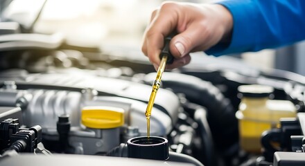 Mechanic checking car engine oil level with dipstick during routine maintenance service