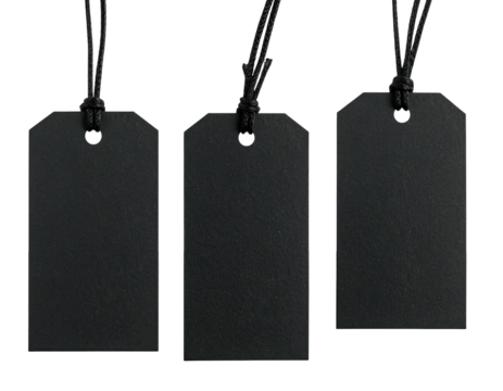 Three black tags hang, simple and symmetrical