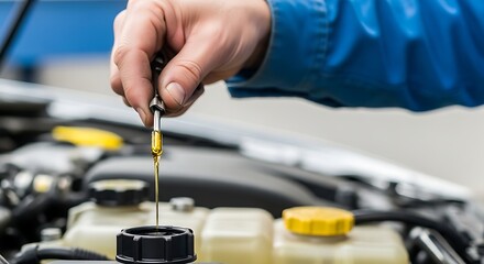 Mechanic checking car engine oil level with dipstick during automotive maintenance service