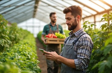 Two farmers work inside a modern greenhouse. One man uses a tablet to check plants. Another man carries a crate of fresh tomatoes and lettuce. Agriculture business grows healthy food.