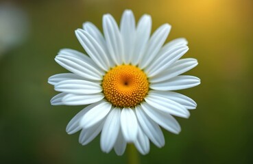 Fototapeta premium Close-up macro view of common daisy flower, turkish name papatya. Bright white petals surround detailed yellow center. Wildflower grows in green meadow sunlit garden. Symbol of spring summer, fresh