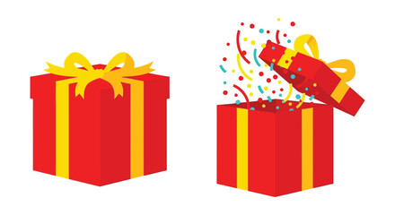 Two red gift boxes with yellow ribbons one closed and one open with confetti exploding