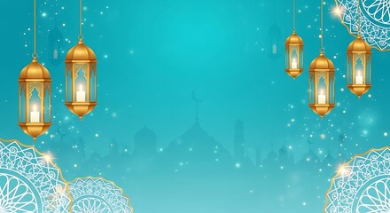 Islamic background with lanterns and mosque for Ramadan Kareem design