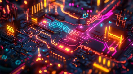 Obraz premium A vibrant high-tech circuit board illuminated with neon colors. This digital world showcases innovation and futuristic design. Explore the beauty of technology. Generative AI