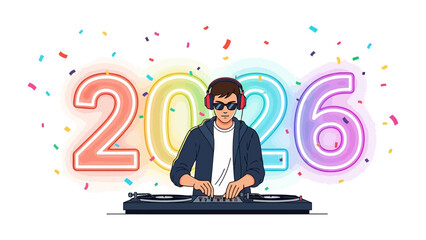 DJ at a Celebration: A vibrant illustration captures the energy of a music party, a DJ commands the turntables, orchestrating a symphony of sound for a celebration. Confetti falls.