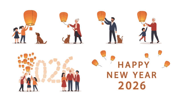 New Year Celebration of Floating Lanterns: Festive scene showcases a collection of people joyfully launching lanterns into the night sky to celebrate the coming of the new year.