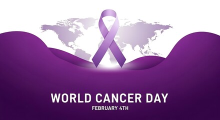 Purple ribbon symbolizing world cancer day awareness and global support
