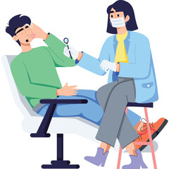 Dentist examining patient's teeth with dental tools in a clinic with light blue and grey tones on a transparent background