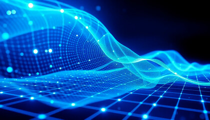 Abstract tech-inspired digital wave with luminous nodes and network grid design for AI or innovation visuals.
