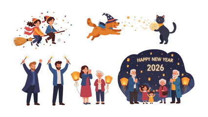 Whimsical New Year Celebration: A vibrant illustration showcasing the joy of New Year's eve, where imagination comes to life with flying characters and festive moments. © Jannat