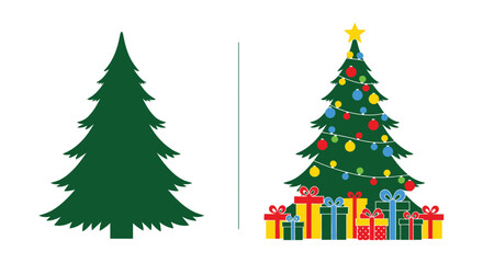 Two christmas trees one plain green and one decorated with lights and gifts