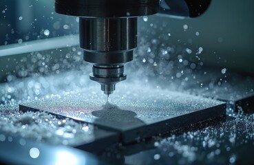 Vertical CNC milling machine cuts steel block. Water coolant sprays over spinning tool, creating metal shavings and splashing liquid. Industrial process creates precise metal part.