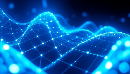 Abstract tech-inspired digital wave with luminous nodes and network grid design for AI or innovation visuals.

