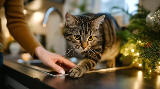 Defocused person decorating with sharp tabby cat reaching for milk in holiday kitchen atmosphere in focus, with copy space