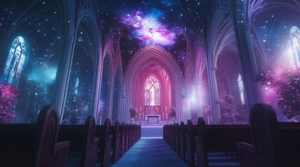 A breathtaking view of an ethereal space-themed chapel. Stunning colors merge with starry skies. An inspiring setting for art lovers and spiritual seekers. Generative AI
