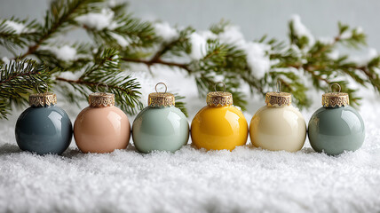 row of colorful Christmas ornaments sits on fresh snow, with pine branch in background, creating festive and serene holiday scene