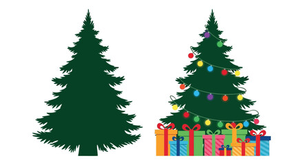 Two christmas trees one decorated with lights and gifts and the other a plain silhouette