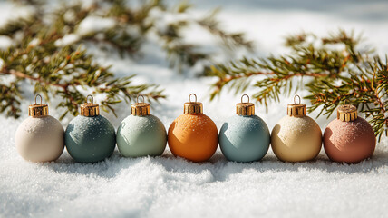 row of colorful Christmas ornaments sits in snow, surrounded by evergreen branches, creating festive and serene winter scene