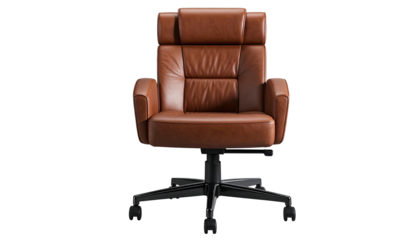 Brown leather office chair, high-backed, on black base