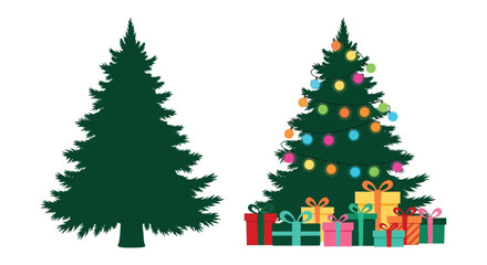 Two christmas trees one decorated with lights and presents and one as a dark silhouette