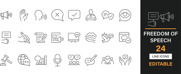 Freedom of speech 40 editable line icons pack. Speech, voice, rights, expression, democracy, protest, media, liberty, opinion, justice, equality and more icons.