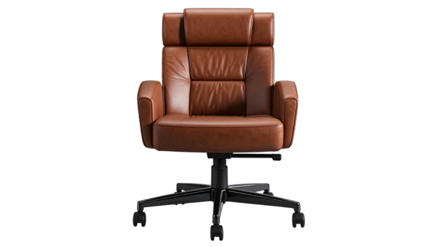 Brown leather office chair, high-backed, on black base - Powered by Adobe