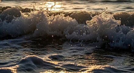 Golden sunlight sparkles on a dynamic ocean wave, creating a stunning seascape perfect for travel, environmental awareness, and coastal lifestyle branding