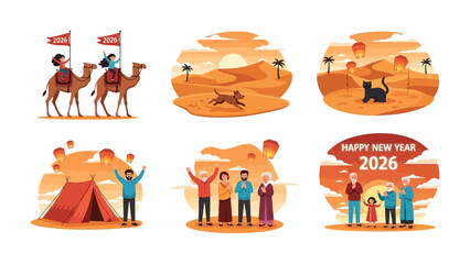 Naklejka premium A Journey Through Cultures and New Year: A vibrant illustration depicts a series of vignettes, including people on camel, dog run across desert, cat with lantern, happy man.
