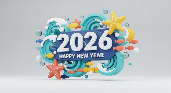 Celebrate 2026 New Year with a vibrant ocean theme featuring starfish and playful fish swimming in clear bubbles, perfect for holiday promotions