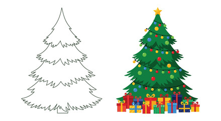 Christmas tree outline and decorated holiday tree with gifts and lights