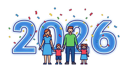 Family of 2026: A happy family stands confidently beneath the year 2026, celebrating togetherness, optimism, and the bright prospect of the future.