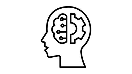 Line art icon of a human head with brain and gear symbols.