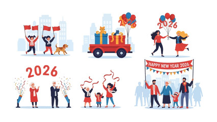 New Year 2026 Celebration: joyful illustrations depict the anticipation and joy of celebrating the upcoming year. People celebrate joyfully and holding banners, gifts.
