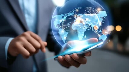Blurred corporate user with sharp detailed smartphone display showing international connectivity visualization, with copy space - Powered by Adobe